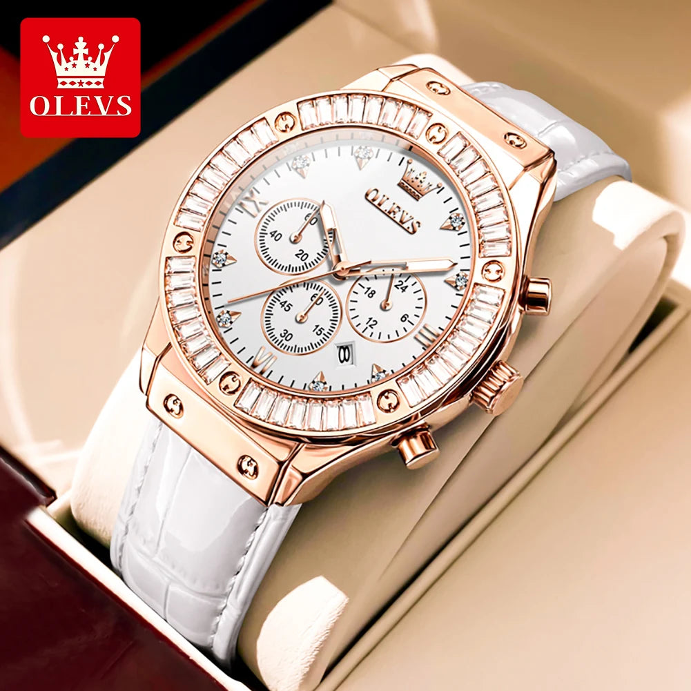 OLEVS 9978 Damenuhr, multifunktionale Quarzuhr, wasserdicht, leuchtendes Lederarmband, elegante modische Uhren für Damen, Geschenke