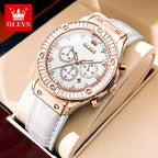 OLEVS 9978 Damenuhr, multifunktionale Quarzuhr, wasserdicht, leuchtendes Lederarmband, elegante modische Uhren für Damen, Geschenke