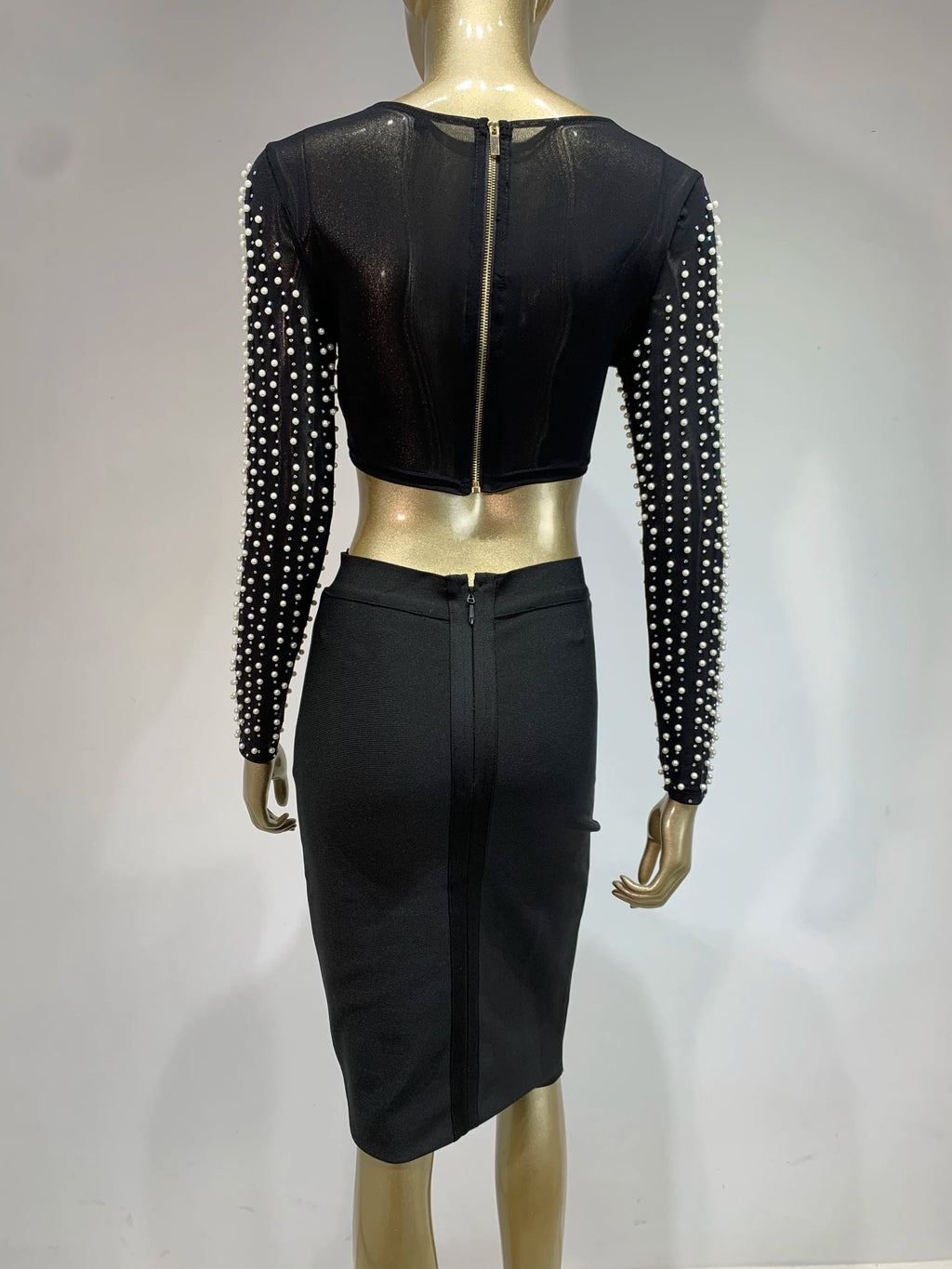 Sexy O-Ausschnitt Langarm Mesh Perlen Beige Schwarz Celebrity Midi Damen Bandagen-Set 2024 Designer Abendparty Damen-Set