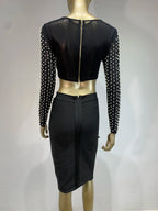 Sexy O-Ausschnitt Langarm Mesh Perlen Beige Schwarz Celebrity Midi Damen Bandagen-Set 2024 Designer Abendparty Damen-Set