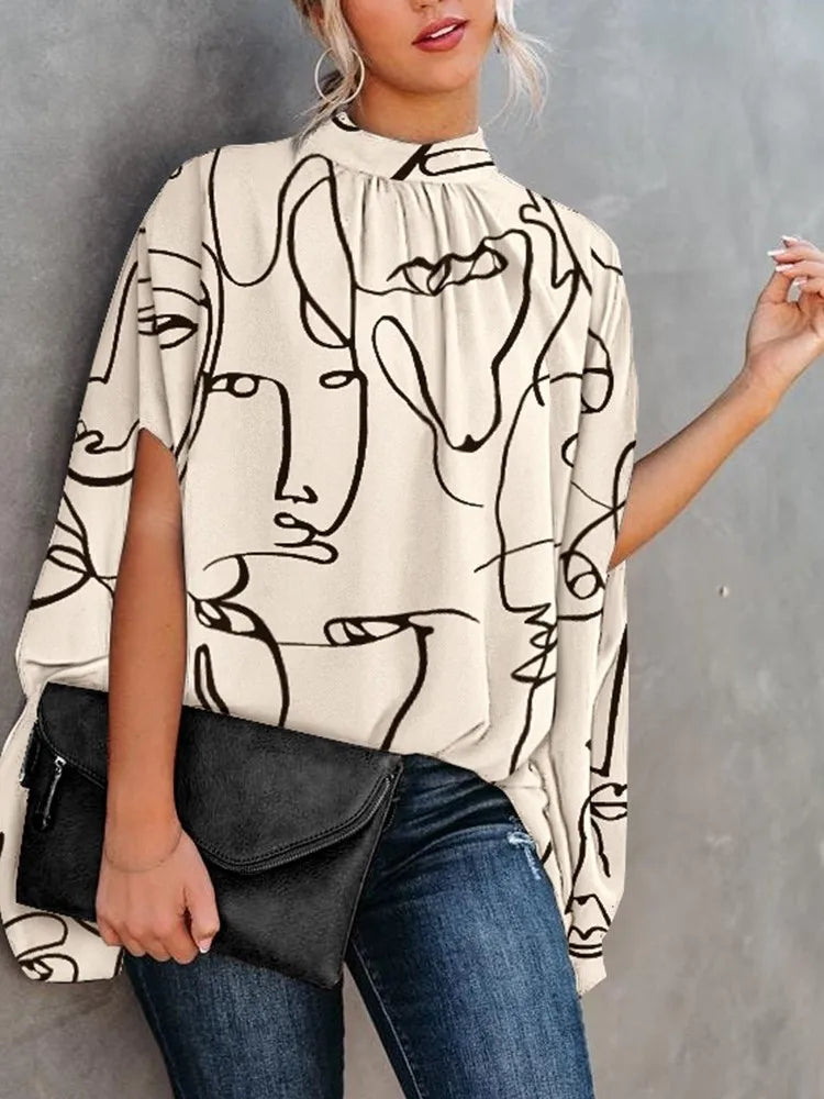 Lässige weite Damenbluse Mode Fledermausärmel Print Rundhals Shirts Top Frühling Sommer Büro Damen Blusen Elegante Oberteile 2024 Zweitbild