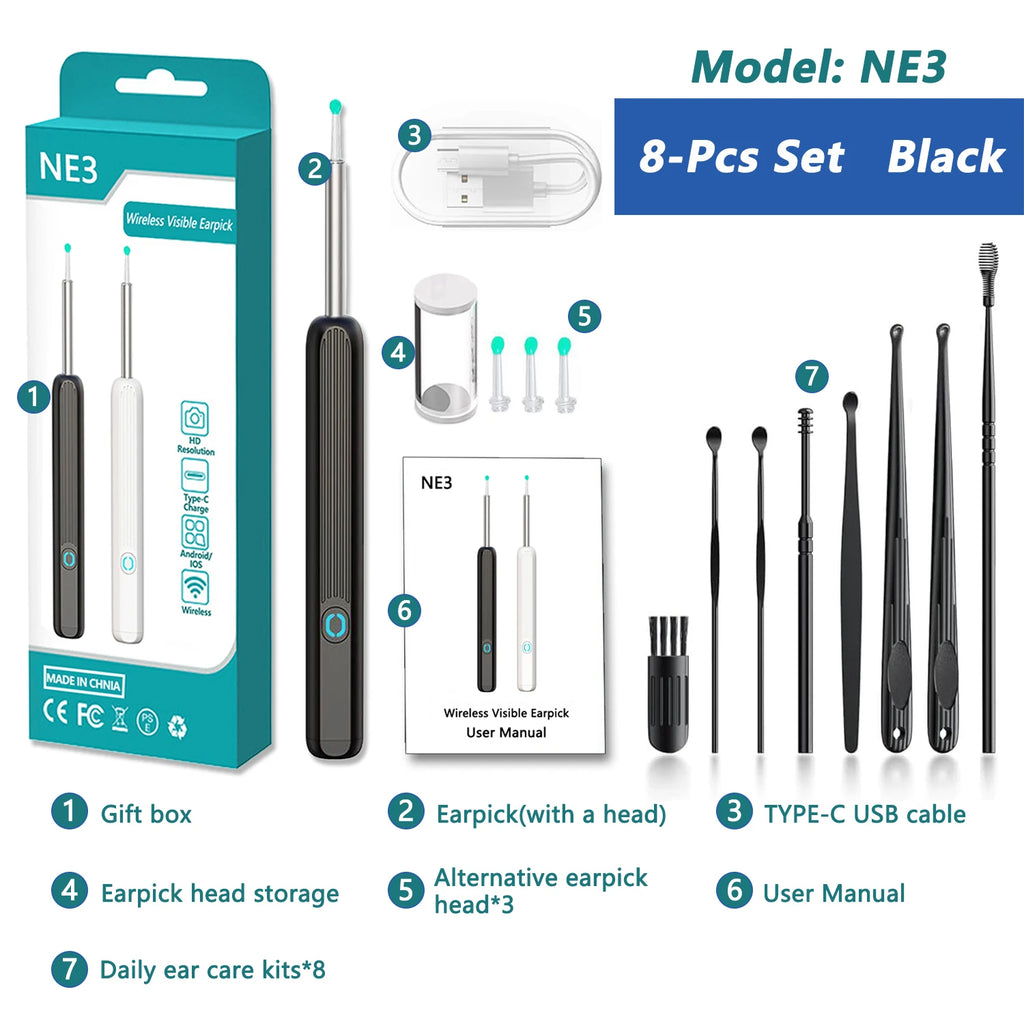 Intelligenter visueller Ohrenreiniger HD Ohrenstäbchen Otoskop USB-C-Ladeendoskop Ohrenschmalzentferner Ohrenschmalz-Entfernungswerkzeug Ohrenschmalz-Minikamera Gesundheitspflege-Set