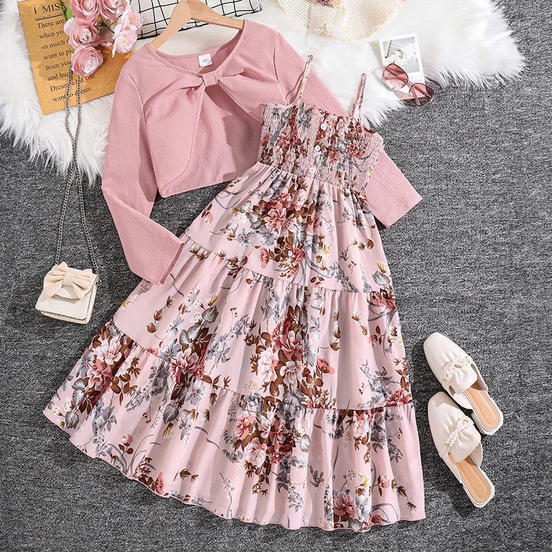 Kid Girl Long Sleeve Bow Design Coat & Beige All Print Shirred-Bodice Sling Dress Set Cute Sweet Elegant Princess Dress For Kids
