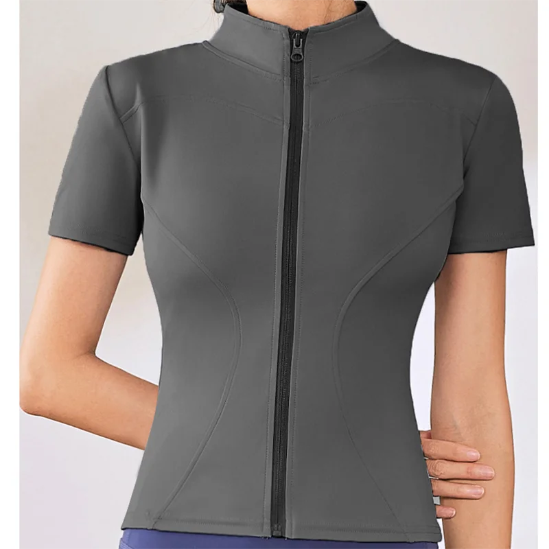 Slim Fit Kurzarm Yoga Shirt Damen Stehkragen Reißverschluss Jacke High End Lauf Sport Fitness Top