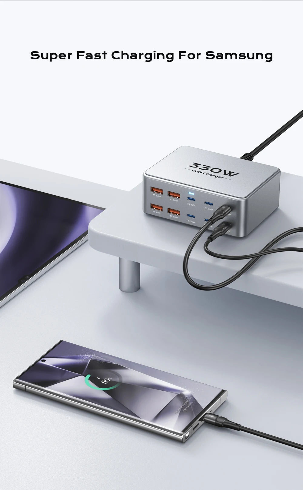 330W USB C GaN Ladegerät 100W PD3.0 PPS QC3.0 Multiport Schnellladestation für Laptop iPhone 15 16 Samsung Macbook Pro Tablet