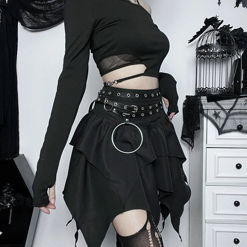 Sommer-Fashion Kurze Röcke Neue sexy Damen Gothic Punk Irreguläre Röcke Einfarbig Tunnelzug zum Binden Geraffte Rüschen Minirock