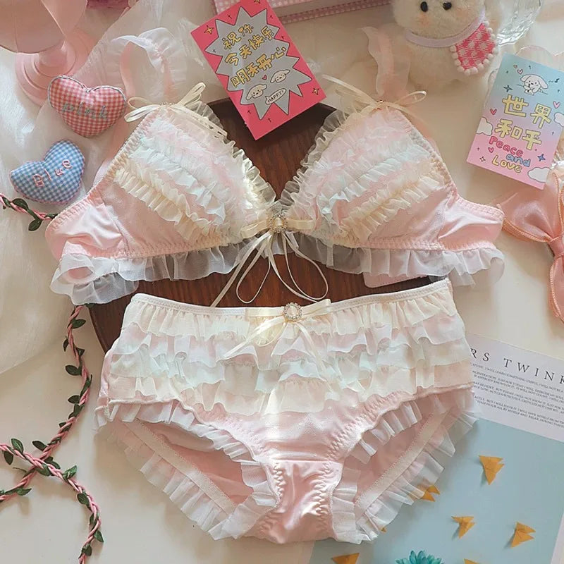 Japanischer Lolita-Stil Prinzessinnen-Dessous-Set Damen Pure Desire Kuchenschicht Spitze Mesh Baumwolle Schritt Party BH und Höschen Set Niedlich