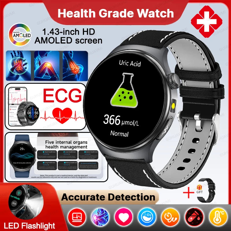 Neue genaue EKG-Smartwatch, Blutfettwerte, Fünf-Organe-Gesundheitscheck, Körpertemperatur, BT-Anruf, Sport-Smartwatches für Herren 2026