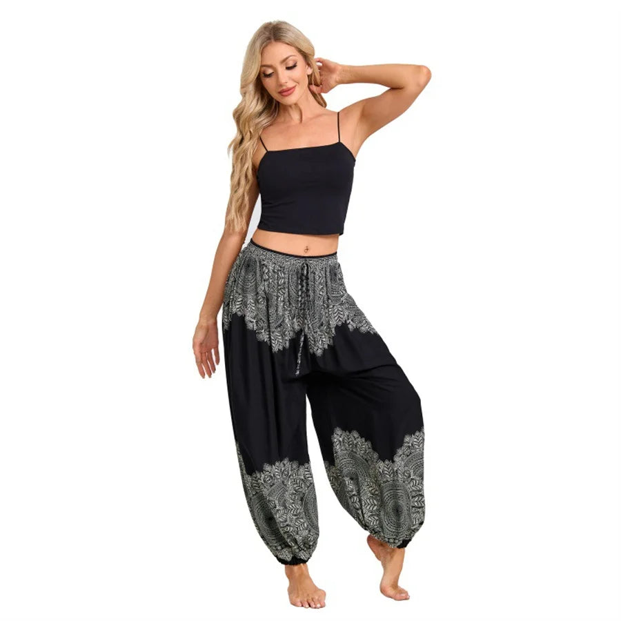 Damen Boho Weite Hosen Haremshose Erwachsene Hohe Taille Yoga Loose Laternenhose Atmungsaktive Strandhose Urlaub Bedruckte Jogger