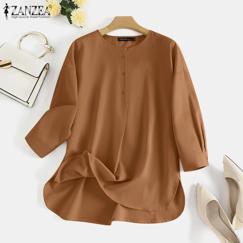 ZANZEA Mode Herbst Langarm Bluse Damen Weites Hemd Elegant Einfarbig OL Arbeitsplatten Lässig Locker Urlaub Arbeit Blusen Damen