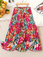 Frühling Sommer Damen Eleganter Blumenprint Langer Rock Freizeit Hochtailliert Party Schmaler A-Linien Faltenrock