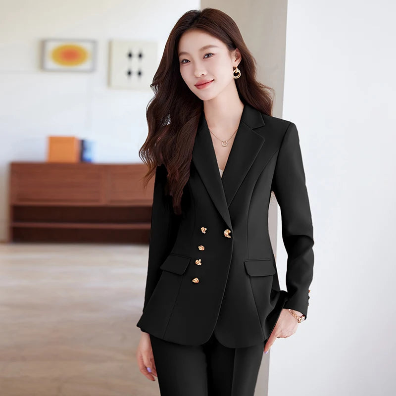 NAVIU Neu 2024 Damen Hosenanzüge Rosa Blazer und Jacken Set Büro Damen Arbeits Business Uniform Weiblicher Hosenanzug OL Stil Beige