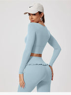 Neues Sommer 2-teiliges Damen-Fitnessstudio Yoga Damen-Outfit Outdoor Sport Schnelltrocknendes Langarmshirt-Set Damen Zweiteiler Sportbekleidung