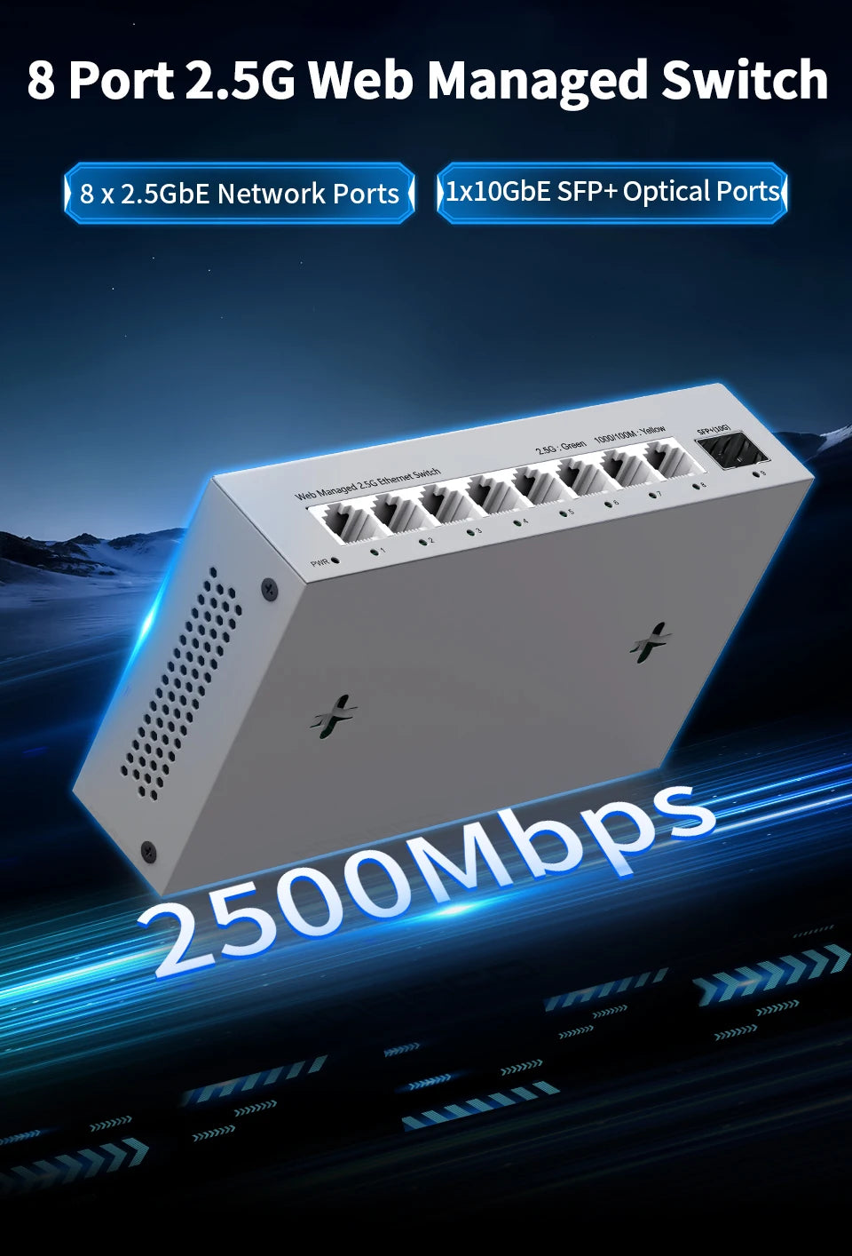 HORACO 2.5GbE Managed Switch 8 Port 2.5GBASE-T Netzwerk-Switcher 10G SFP+ Slot Uplink Web Managed Hub Internet Splitter Lüfterlos