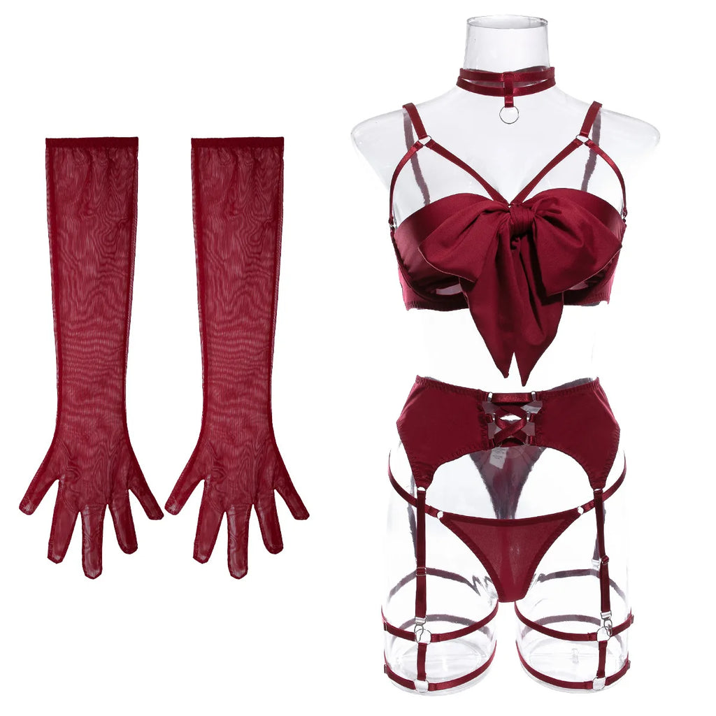 Sexy Dessous-Set mit Schleifenverzierung, durchbrochen, für Damen, einfarbig, exotische Bekleidung, weiblicher Stil, reine Begierde, Unterwäsche mit Strapsen und Handschuhen