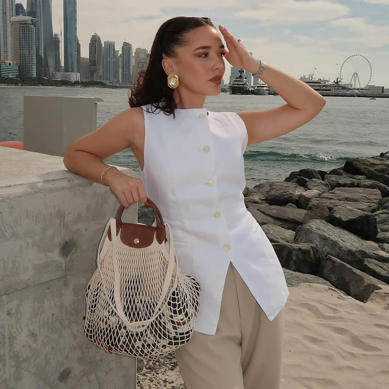 DAMEN 2025 Weiß Ärmellose Weste Damen Knopf Sommerwesten für Damen Jacke Rosa Weste Top Damen Streetwear Damen Maßgeschneiderte Weste