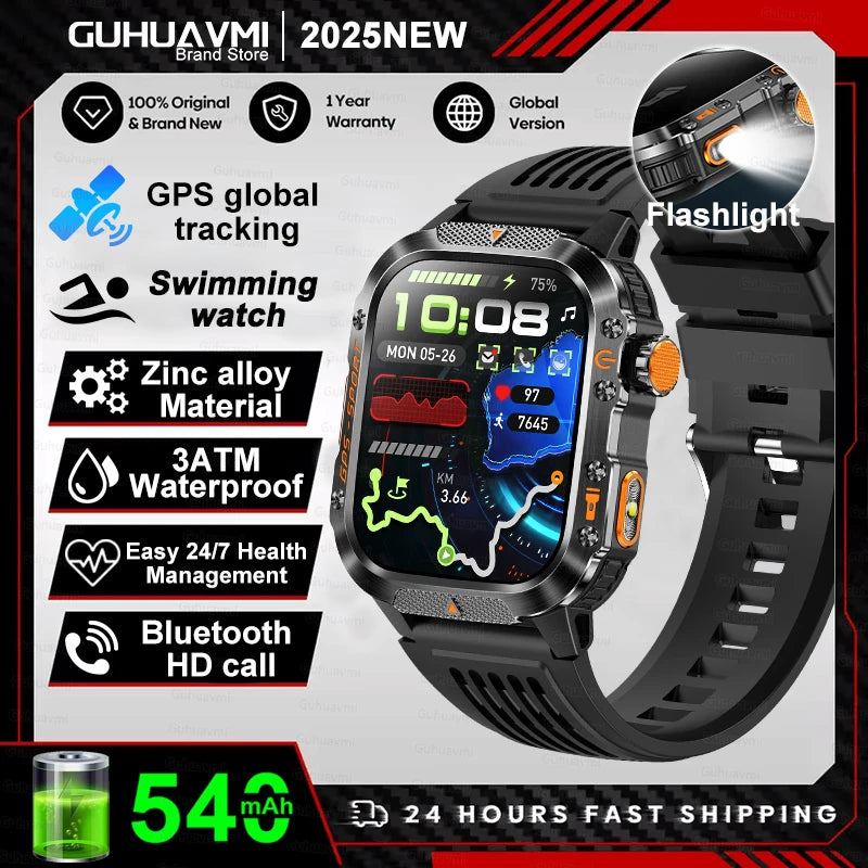 2025Neue GPS Smartwatch für Xiaomi IOS Militärkompass Taschenlampe Smartwatch Herren 10ATM Wasserdicht 100+Sportmodi BT Anruf Uhr