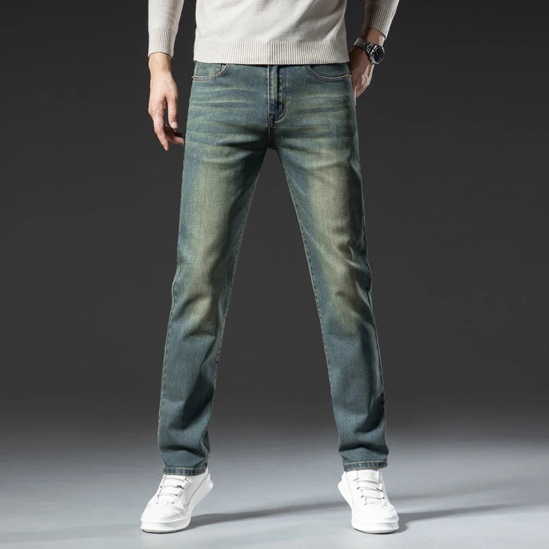Hochwertige Winterjeans Herren Warme Fleece Verdickte Elastische Denim Hose Fashion Straight Elastische Retro Plüsch Samthose