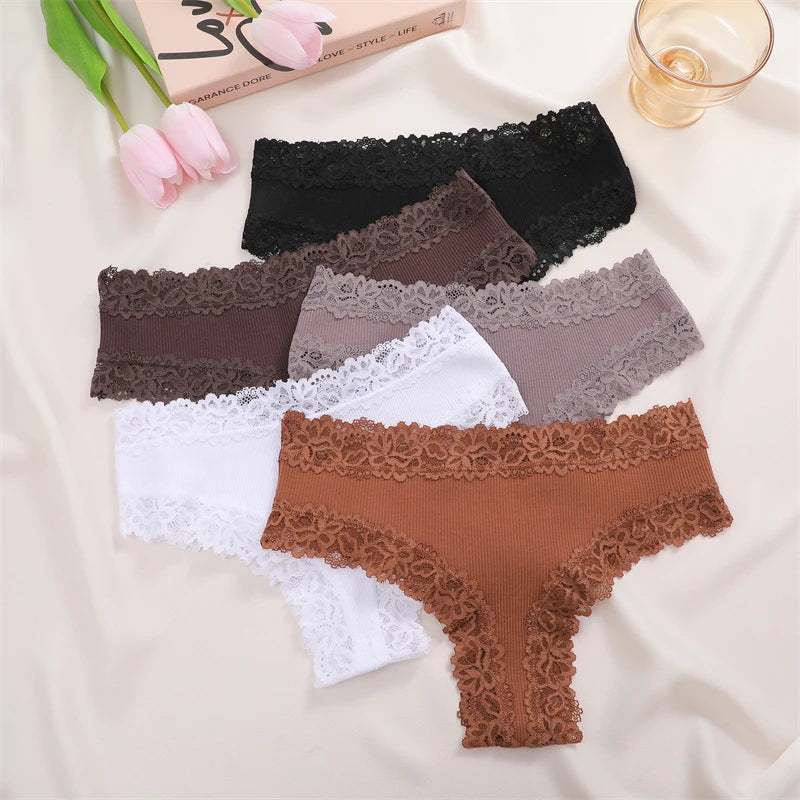 FINETOO 3er-Pack Damen Baumwollunterwäsche Slips Sexy Spitze Brasilianischer Slip Niedrige Taille Blumenmuster Einfarbig G-String Atmungsaktive Dessous