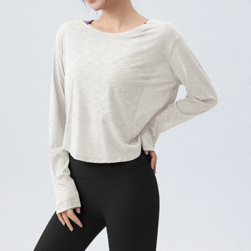 DRUR Damen Langarm Yoga T-Shirts, lockere Passform Sport Fitness Crop Tops lässig leichtes dünnes Shirt für Fitnessstudio Straße Reisen
