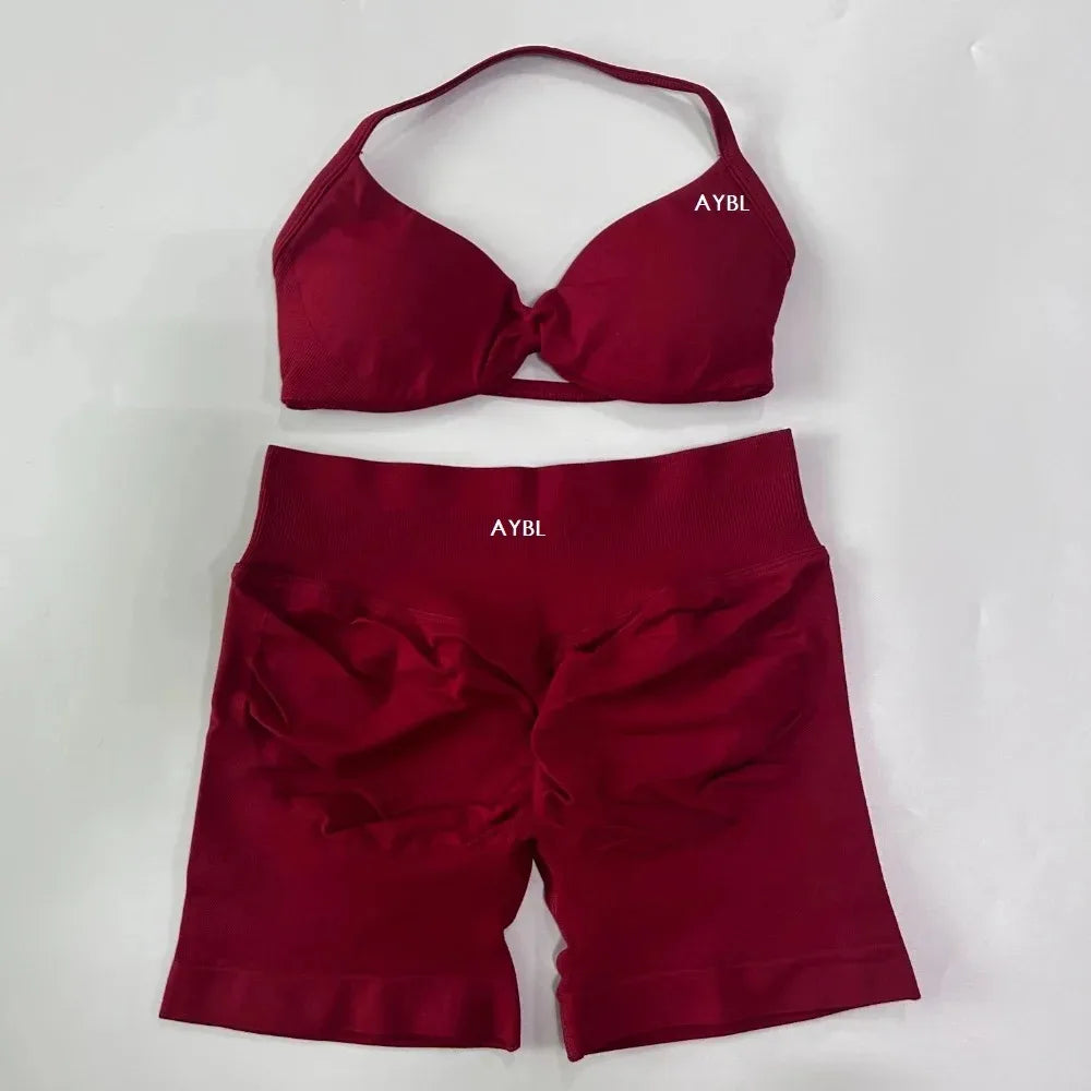 AYBL 2-teiliges Yoga-Set Gym-Set Damen Träger-Yoga-BH Top Hohe Taille Workout Scrunch Shorts Sportanzug Nahtloses Yoga-Set Fitness