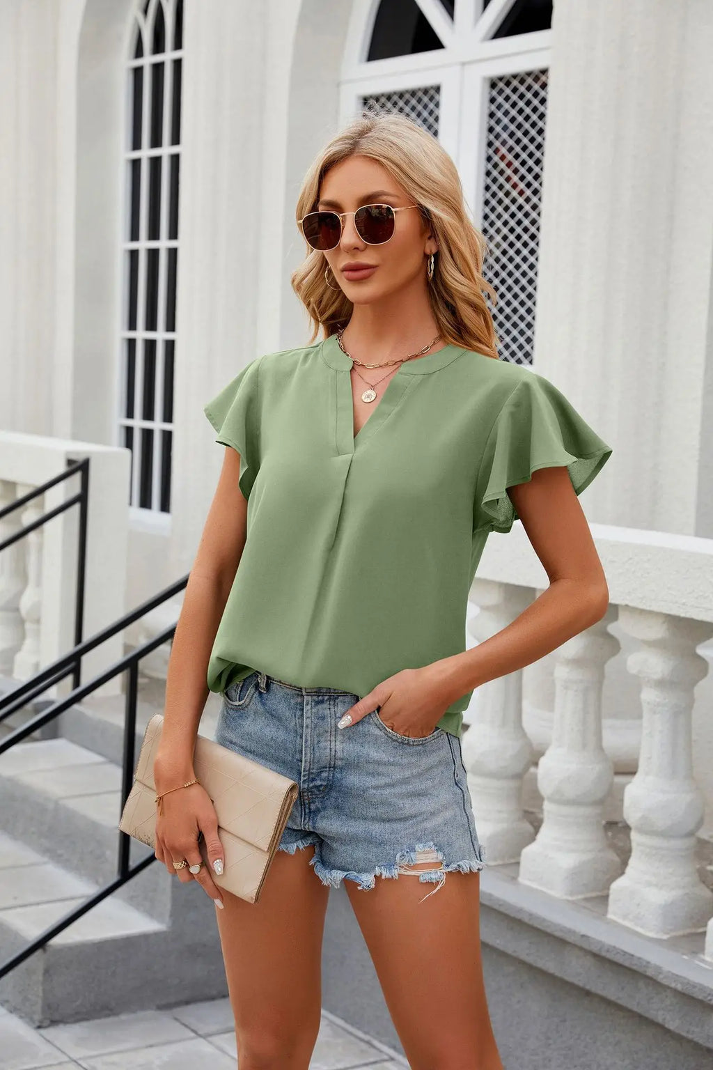Neue Damen V-Ausschnitt Lose Pullover Chiffon-Shirts Elegante Mode Einfarbige Rüschen Damenbluse Sommer Lässige Kurzarm-Oberteile