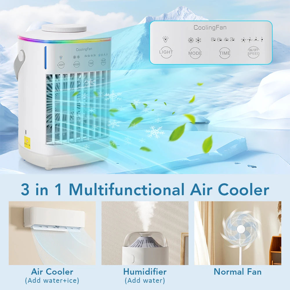Tragbare Klimaanlage mit farbigem Stimmungslicht Wasserkühlungsventilator USB Tischventilator 700ml Wassertank Desktop-Ventilator Luftbefeuchter Zweitbild