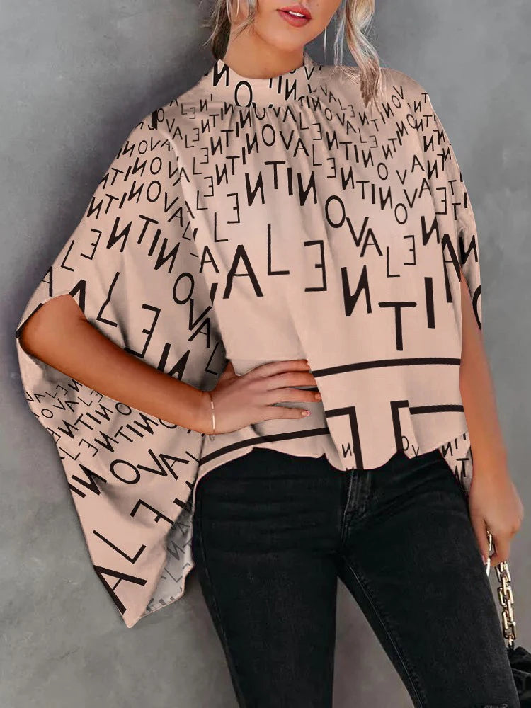 Lässige weite Damenbluse Mode Fledermausärmel Print Rundhals Shirts Top Frühling Sommer Büro Damen Blusen Elegante Oberteile 2024