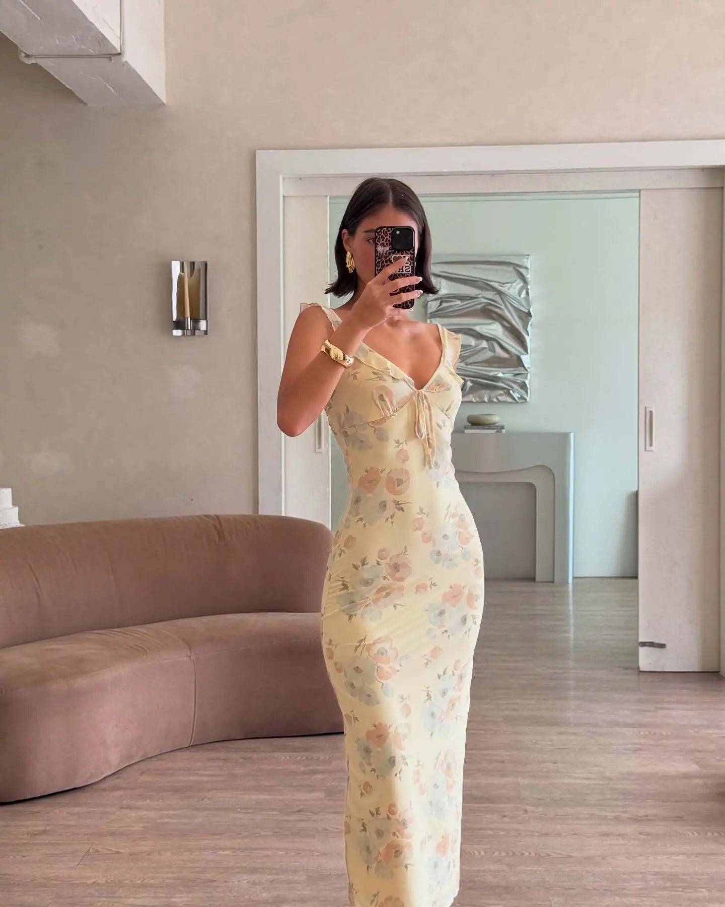 Kryptografischer Sommer Blumenmuster Plunge Maxikleid Outfits Sexy rückenfreie Feen Sonnenkleider Urlaub Strandmode Vestido Coquette