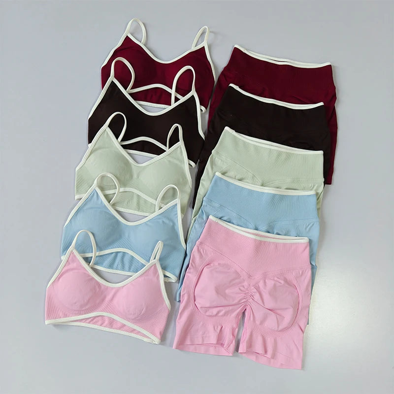 2-TEILIGER Yoga-Anzug Nahtlos mit Brustpolster Enge Sport-BHs und High-Waist-Shorts zum Draußen Tragen, Laufen, Training, Fitness, Yoga-Set