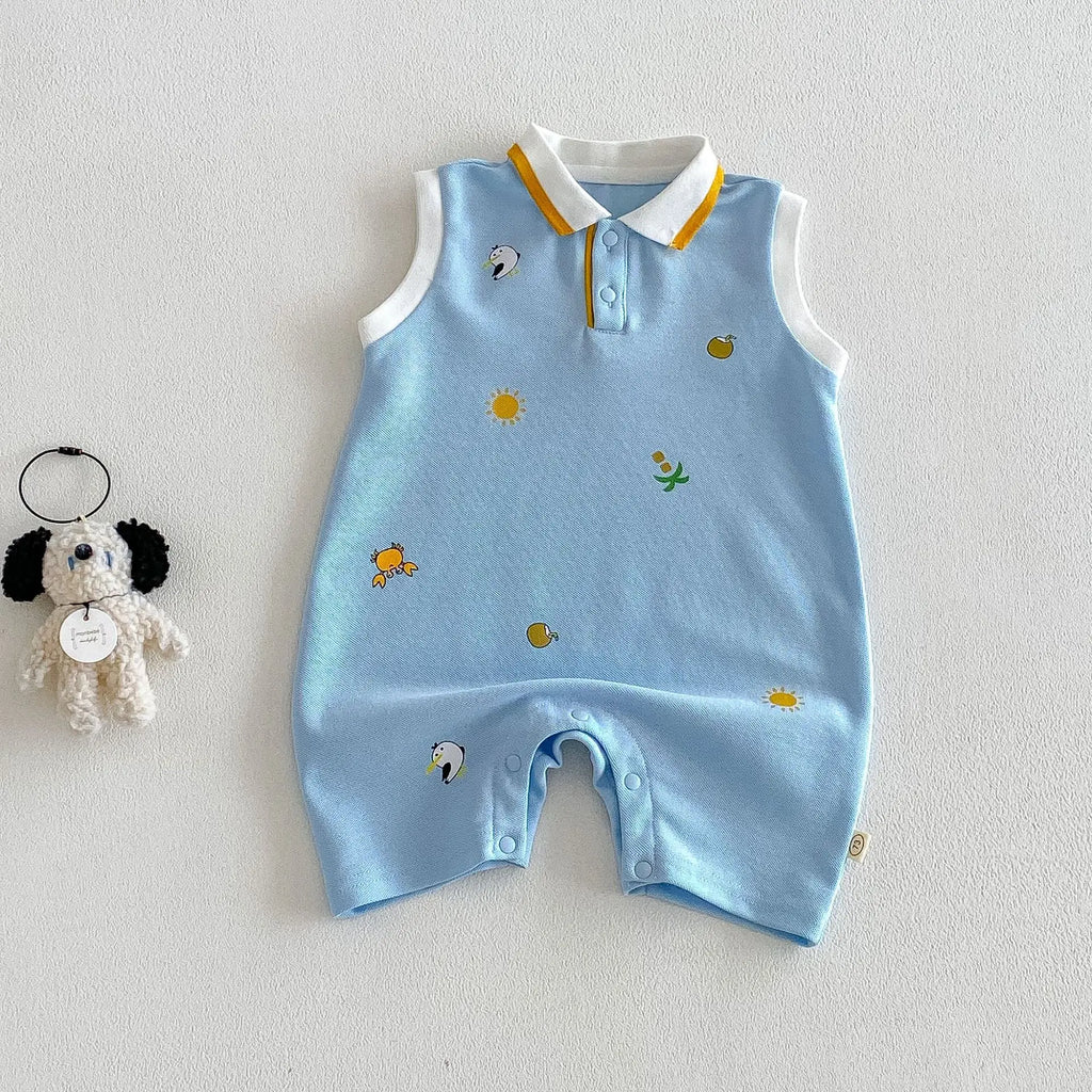 2026 Neue Sommer-Babykleidung 0-2 Jahre Cartoon-Print Ärmelloser Polo-Strampler Atmungsaktives Mesh-Gewebe mit Knopfleiste und Druckknopfverschluss