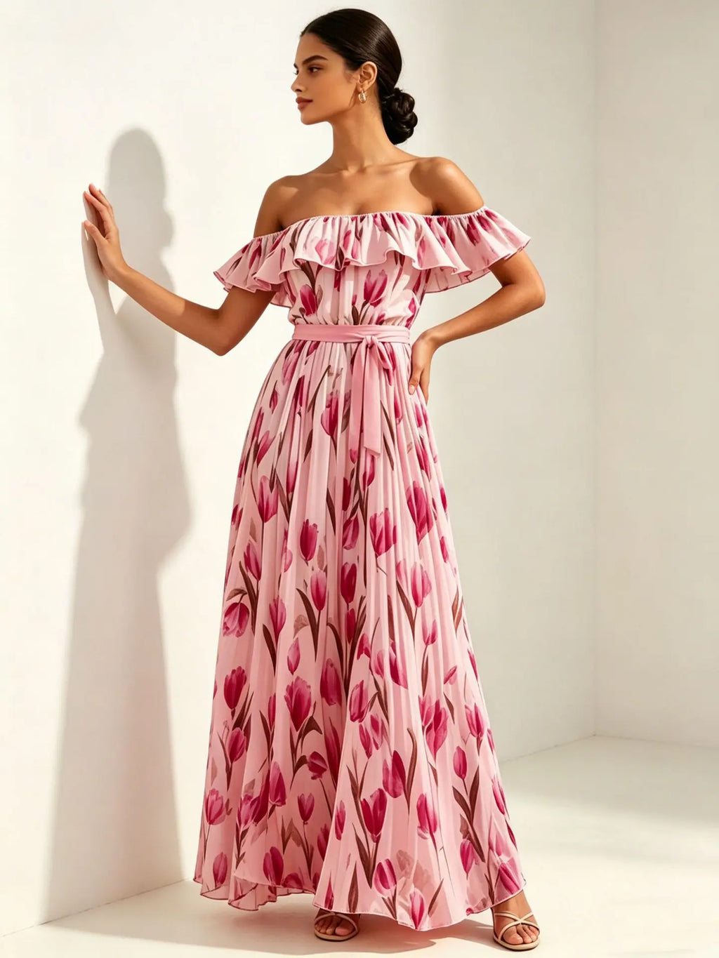2026 Sommer schulterfreies Kleid mit Tulpenprint in großen Größen, schlankmachend, mit eckigem Ausschnitt und Maxilänge
