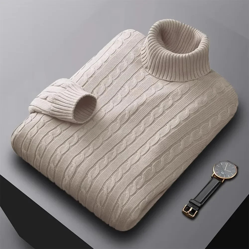 Herbst Neues Herren Rollkragenpullover Jacquard-Strickpullover Einfarbig Freizeit Wärme Hochelastisch Vielseitiger Herren-Pullover
