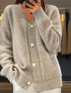 Herbst und Winter neuer einfarbiger, langärmeliger V-Ausschnitt Strickcardigan mit Jacquard-Knopfleiste Damenpullover