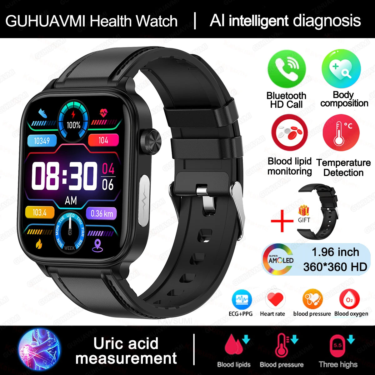 2025 Neue KI-Diagnose Blutfette Harnsäure Körperzusammensetzung Test Smartwatch für Herren EKG+PPG Bluetooth Anruf Gesundheits-Smartwatch