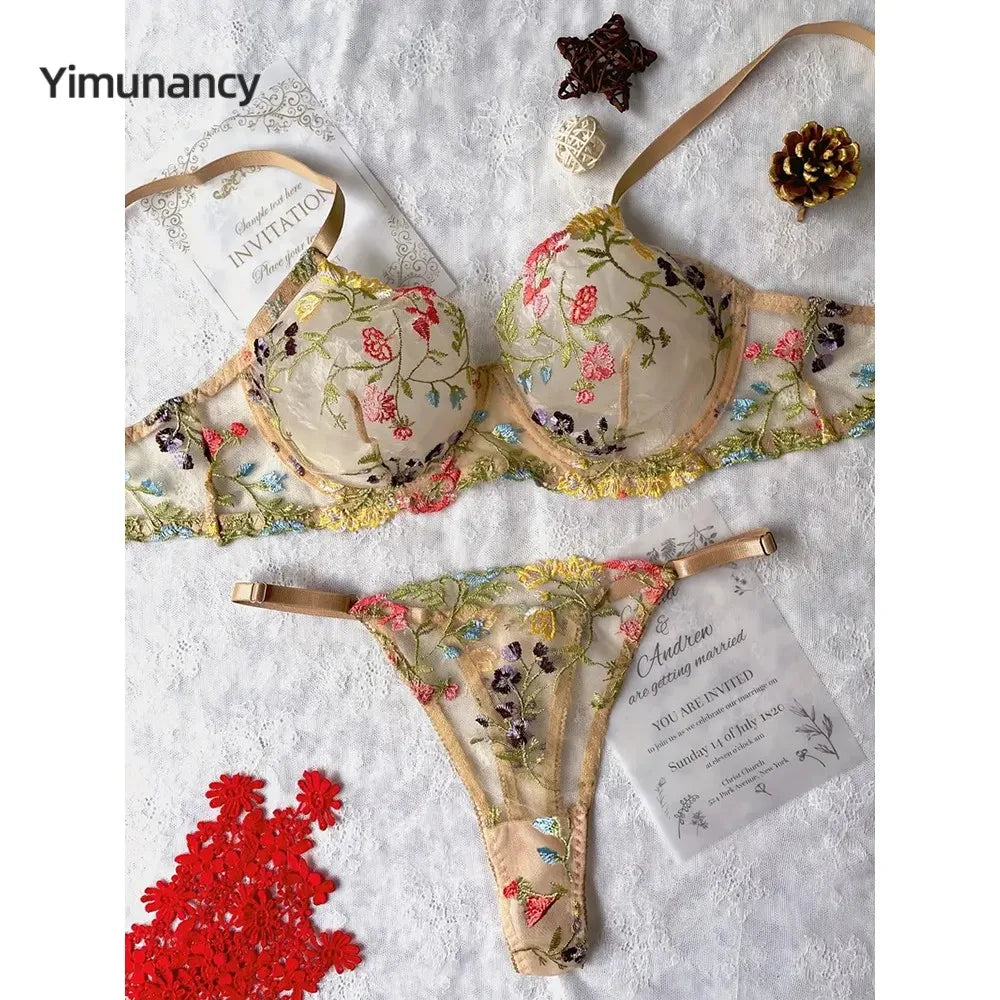 Yimunancy Blumenstickerei Dessous-Set Damen transparentes 2-teiliges Boho-BH + Höschen Unterwäsche-Set Intimates