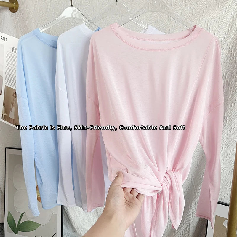 Damen Yoga Shirts Sportoberteile Langarm O-Ausschnitt Atmungsaktives Laufshirt Lockere Fitnesskleidung Gym Sportbekleidung Pilates T-Shirts Hauptbild