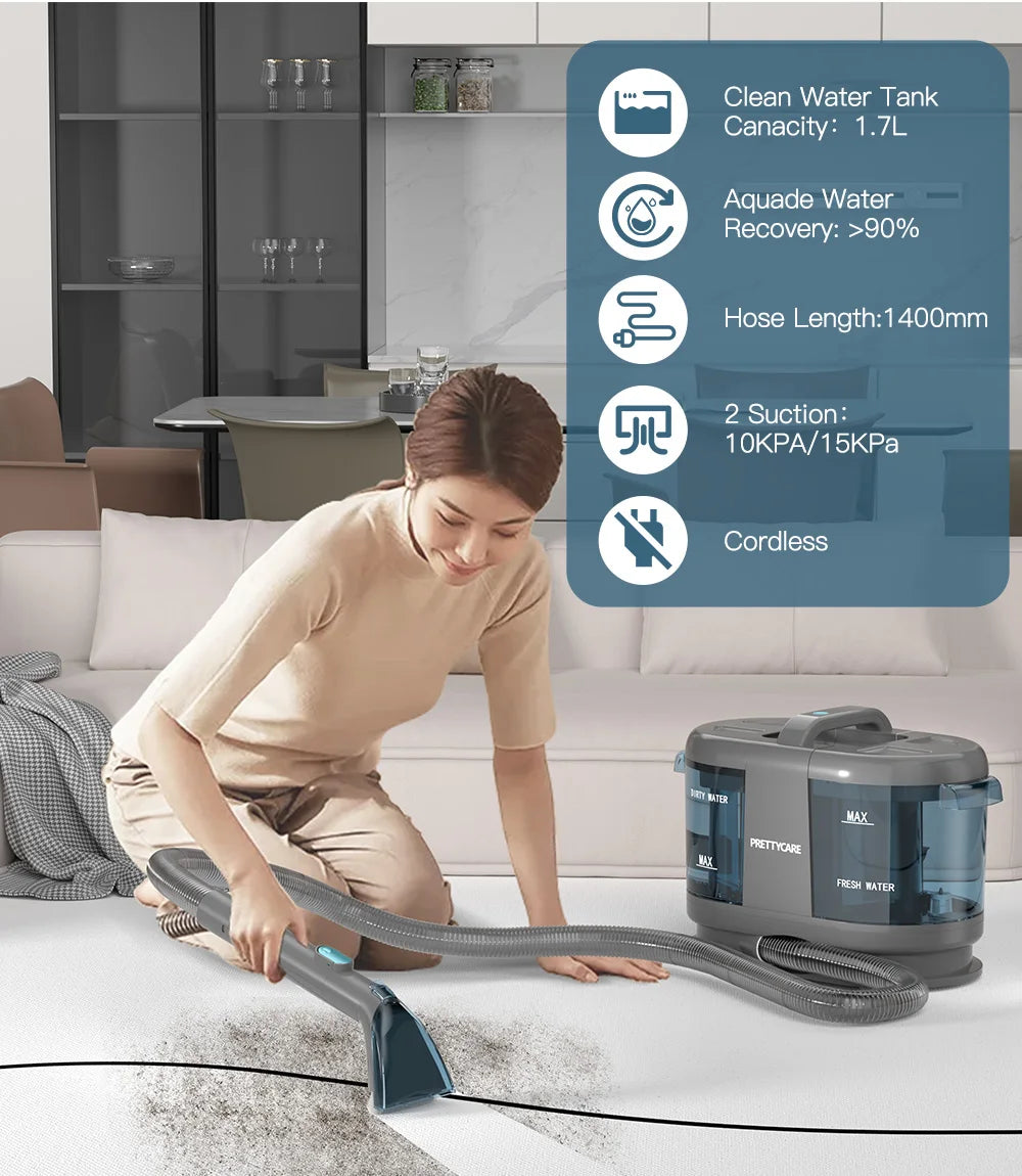 PrettyCare PC808 Cordless Carpet&Spot Vacuum Cleaner 1.4m Hose 30minutes Fabric Vacuum Cleaner with Wet Sprayer For Sofa Car
