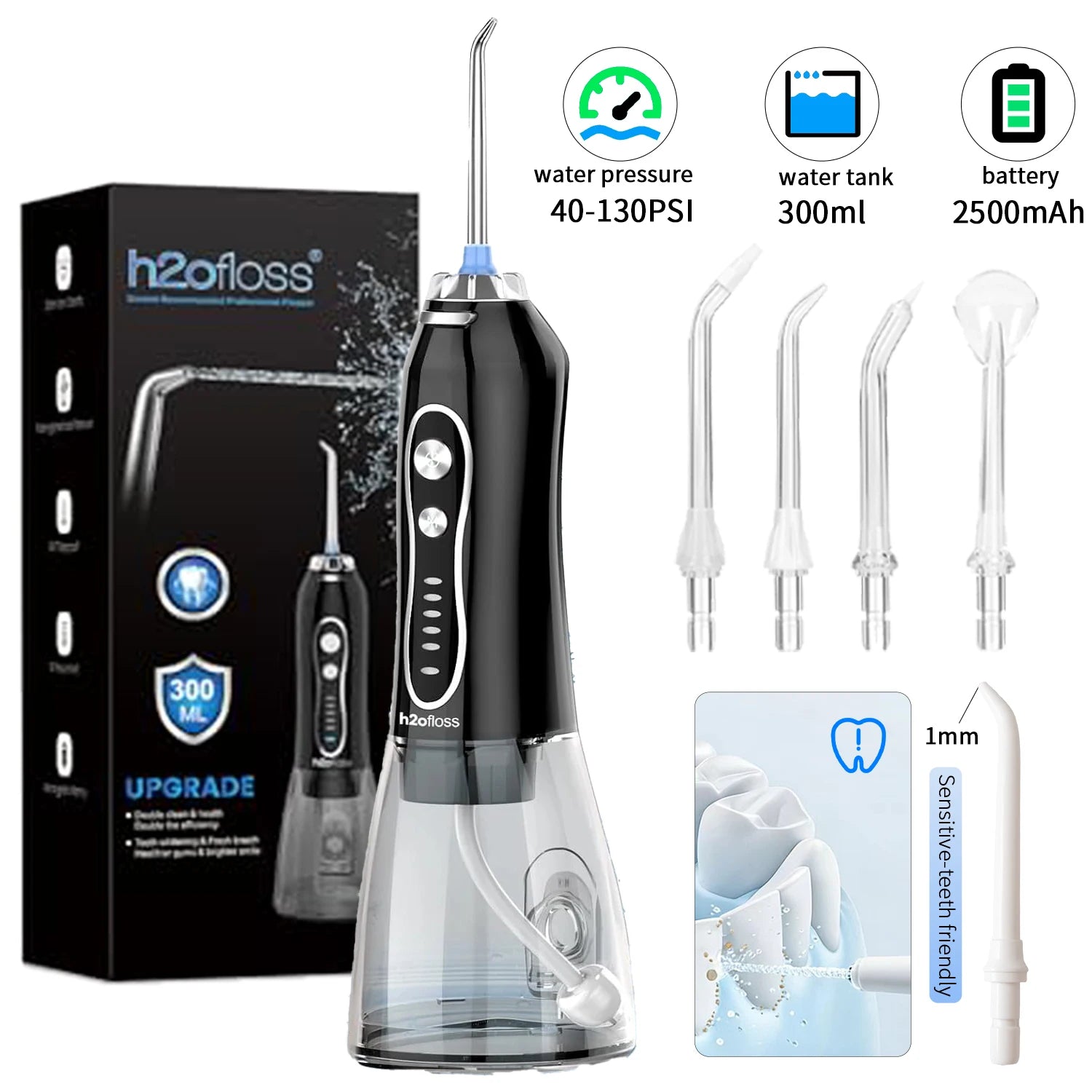 H2ofloss kabellose Munddusche 140 PSI, 5 Modi, 5 Aufsätze, 300 ml, 2500 mAh, USB wiederaufladbar, tragbarer Mundduscher zur Zahnreinigung Hauptbild