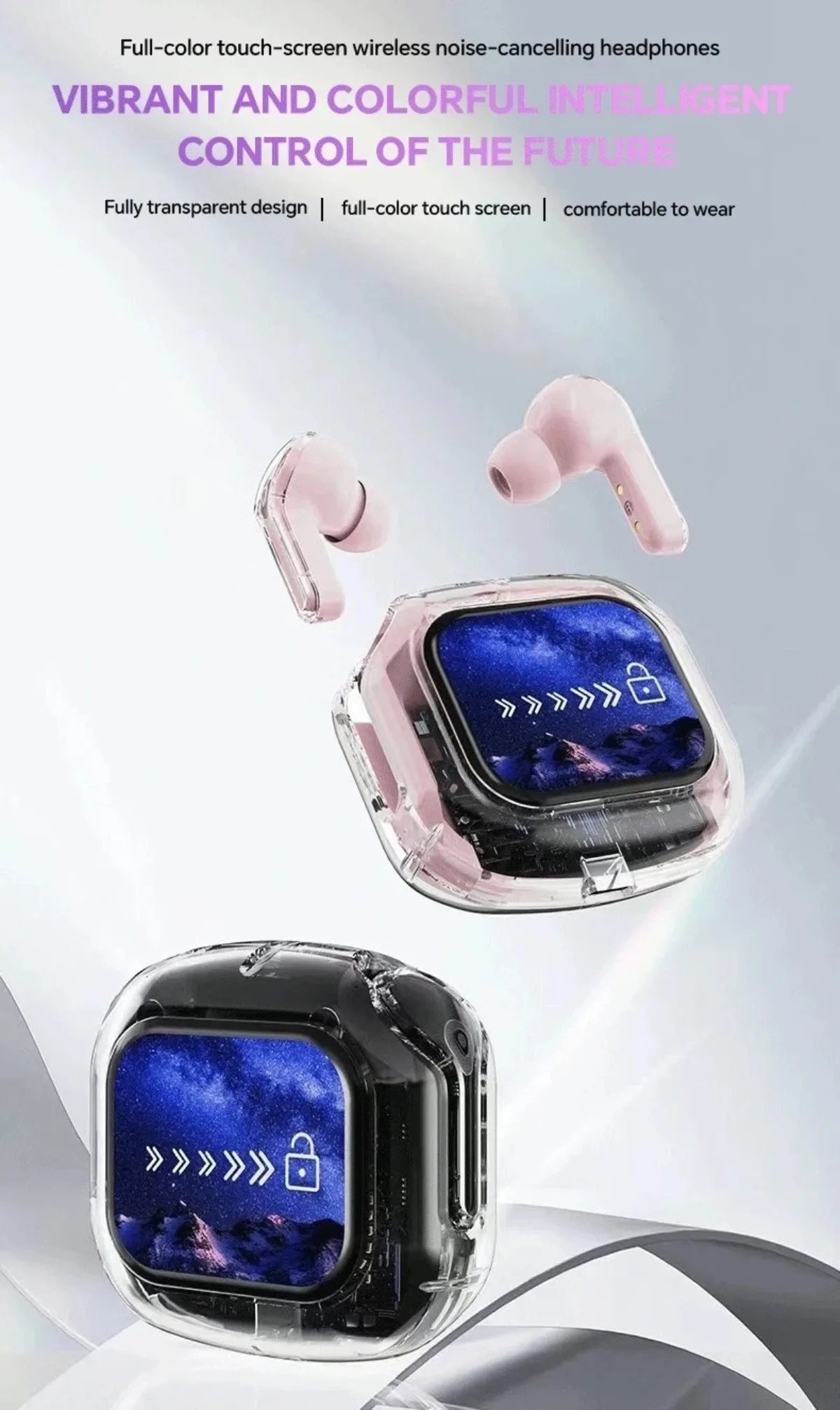 Übersetzung Kopfhörer mit Touchscreen Kabellos Bluetooth 5.4 Smart Earphone HiFi Audio Hohe Qualität Transparente Hülle Headset