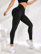 Damen Sport Leggings V-Bund Elastische Pfirsich-Po-Fitnesshosen mit erhöhtem Po und hoher Taille Nahtlose Yoga-Hosen Eng