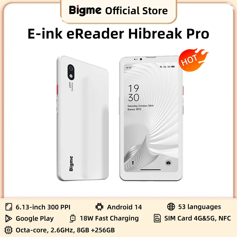 BIGME Hibreak Pro eBook-Reader, 6,13 Zoll Schwarz-Weiß E-Ink-Bildschirm, 300PPI Android 14 OS 8GB+256GB E-Reader-Tablet mit NFC