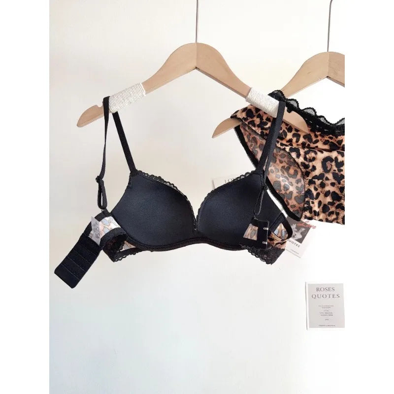 Sexy Leopard-Print-Dessous-Set für Damen, kabellos, unsichtbarer Push-Up für kleine Brüste, verstellbares A-bis-C-Körbchen, transparenter, reiner Spitzen-Look, S-XL