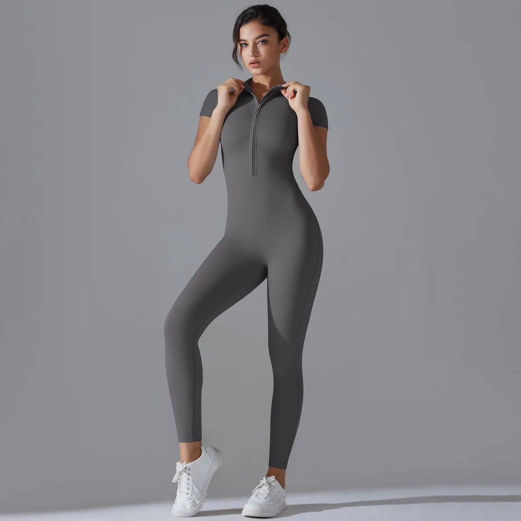 Ärmelloser Yoga-Jumpsuit mit Reißverschluss, schnelltrocknender, atmungsaktiver, figurbetonter Outdoor-Sport-Jumpsuit, Fitnessanzug