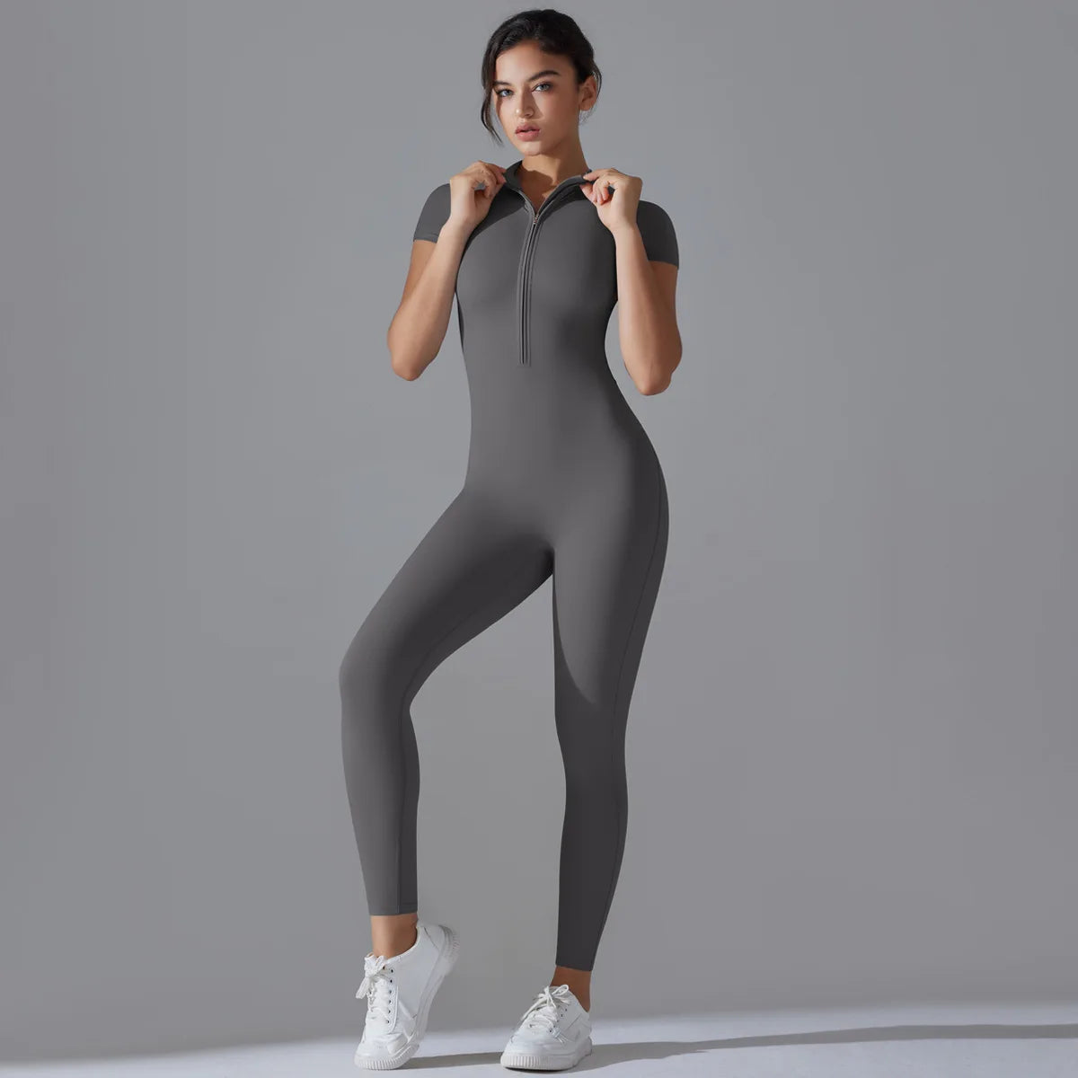Ärmelloser Yoga-Jumpsuit mit Reißverschluss, schnelltrocknender, atmungsaktiver, figurbetonter Outdoor-Sport-Jumpsuit, Fitnessanzug