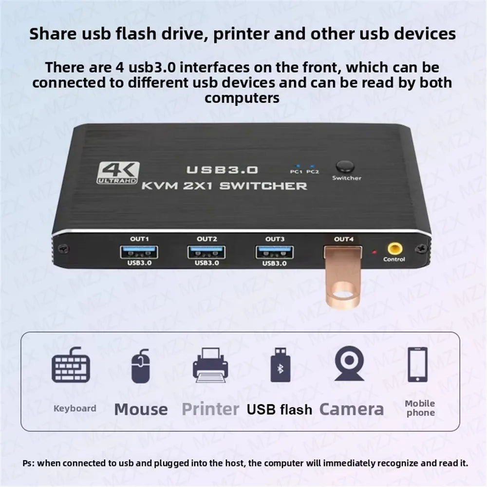 MZX KVM Switch Switcher 4K 60Hz HD4K 2.0 Splitter USB 3.0 Hub Docking Station Dock 2 Computers PC Sharing Keyboard Mouse Printer