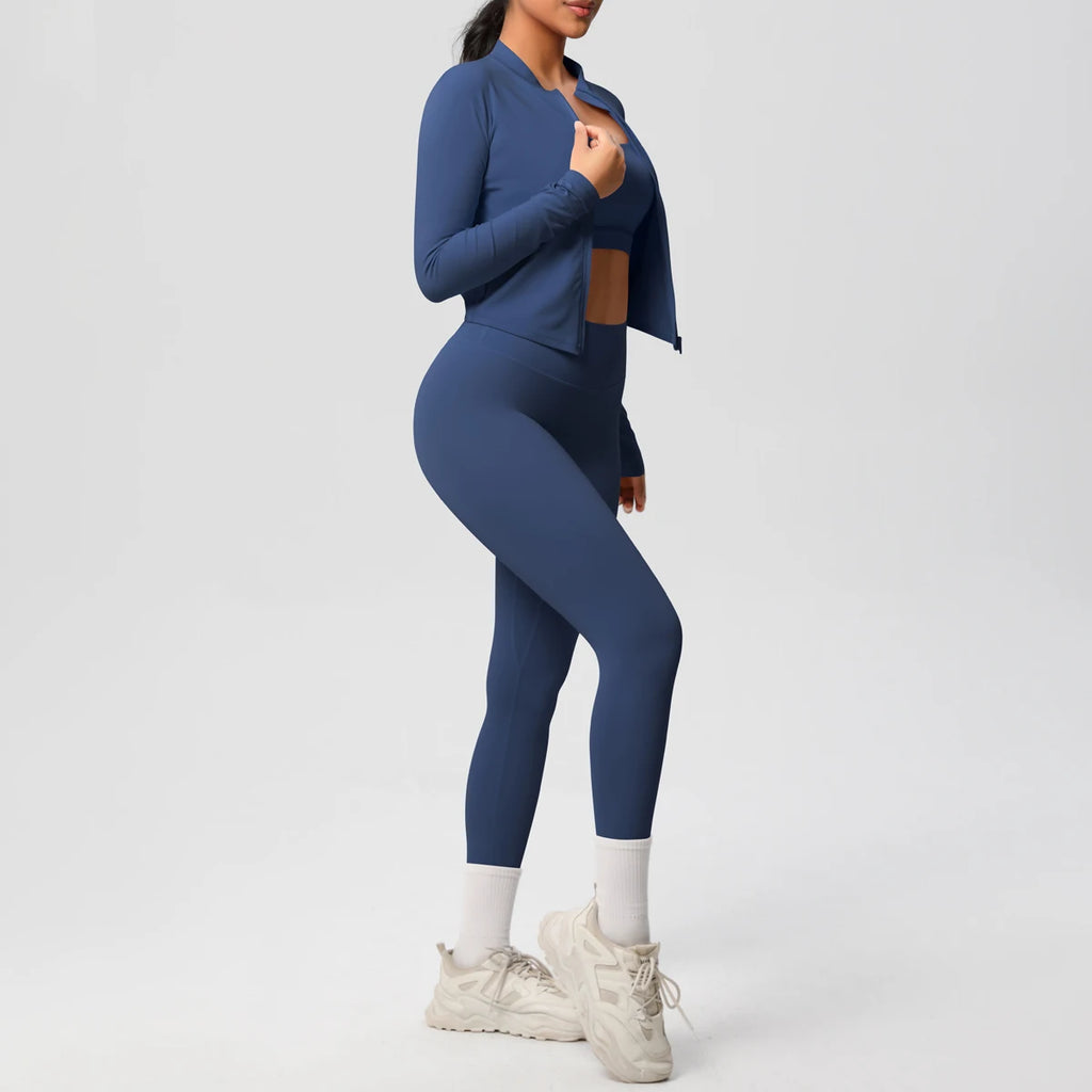 3-teiliges Sportbekleidung Yoga-Set Gym Sport-BH Reißverschlussjacke Leggings Kleidung Sportbekleidung Yoga-Anzüge für Damen Fitness-Set Trainingsanzug