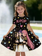 Kpop Cartoon Graphic Dress for Girls Funny Gift for Fan Harajuku Girl Clothes Summer Tops Short Sleeve Dress Children's Clothing