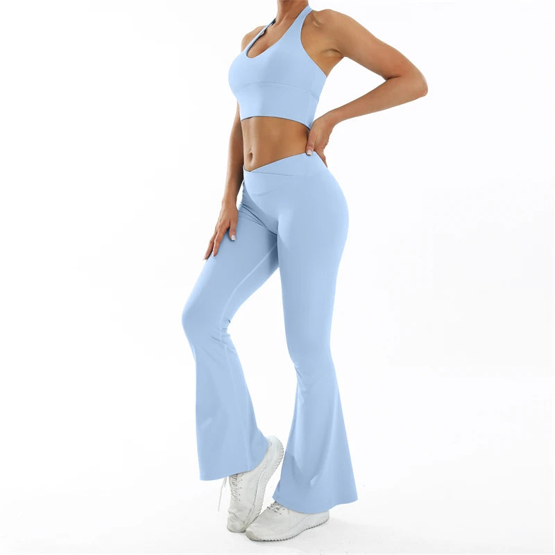 Scrunch-Sportanzug Damen Yoga-Set Gymnastik-Kleidung Sexy Sport-BHs und Schlaghosen-Sets Fitness-Outfits Damen Trainingskleidung