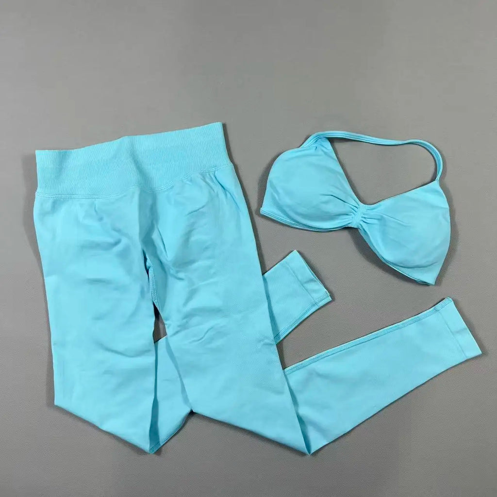 UETEEY Set für Damen, Trägerloser Yoga-BH, Sport-Top, Workout-Leggings-Set, Nahtloses Fitnessstudio-Set, Fitnesskleidung, Outfit, Activewear